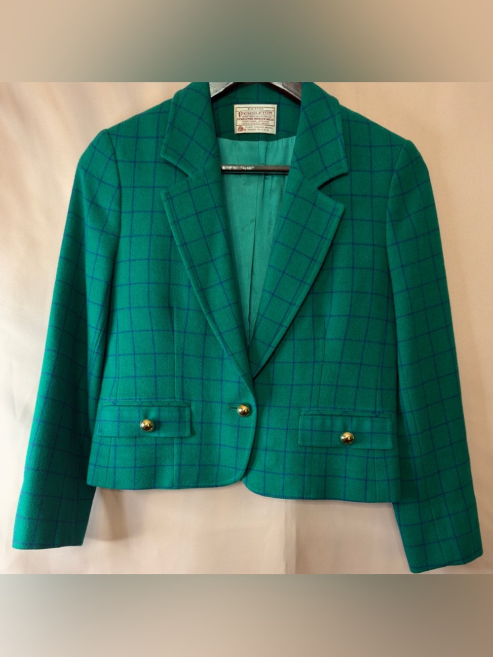 Pendleton Teal Windowpane Cropped Wool Blazer with Gold Buttons